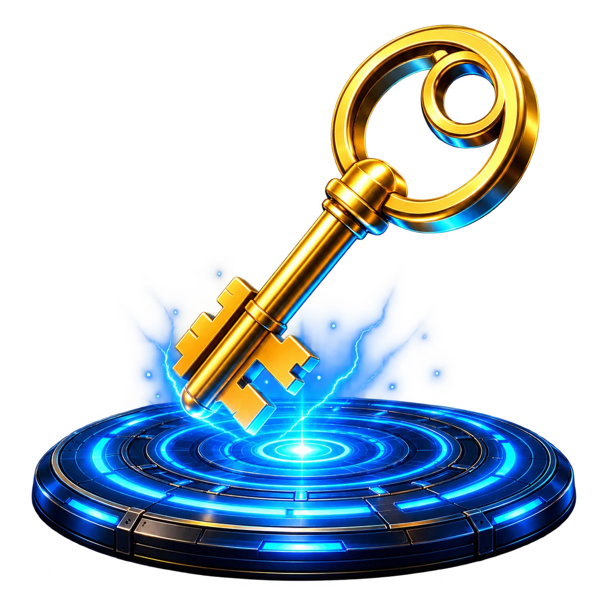 Golden key on a glowing blue portal