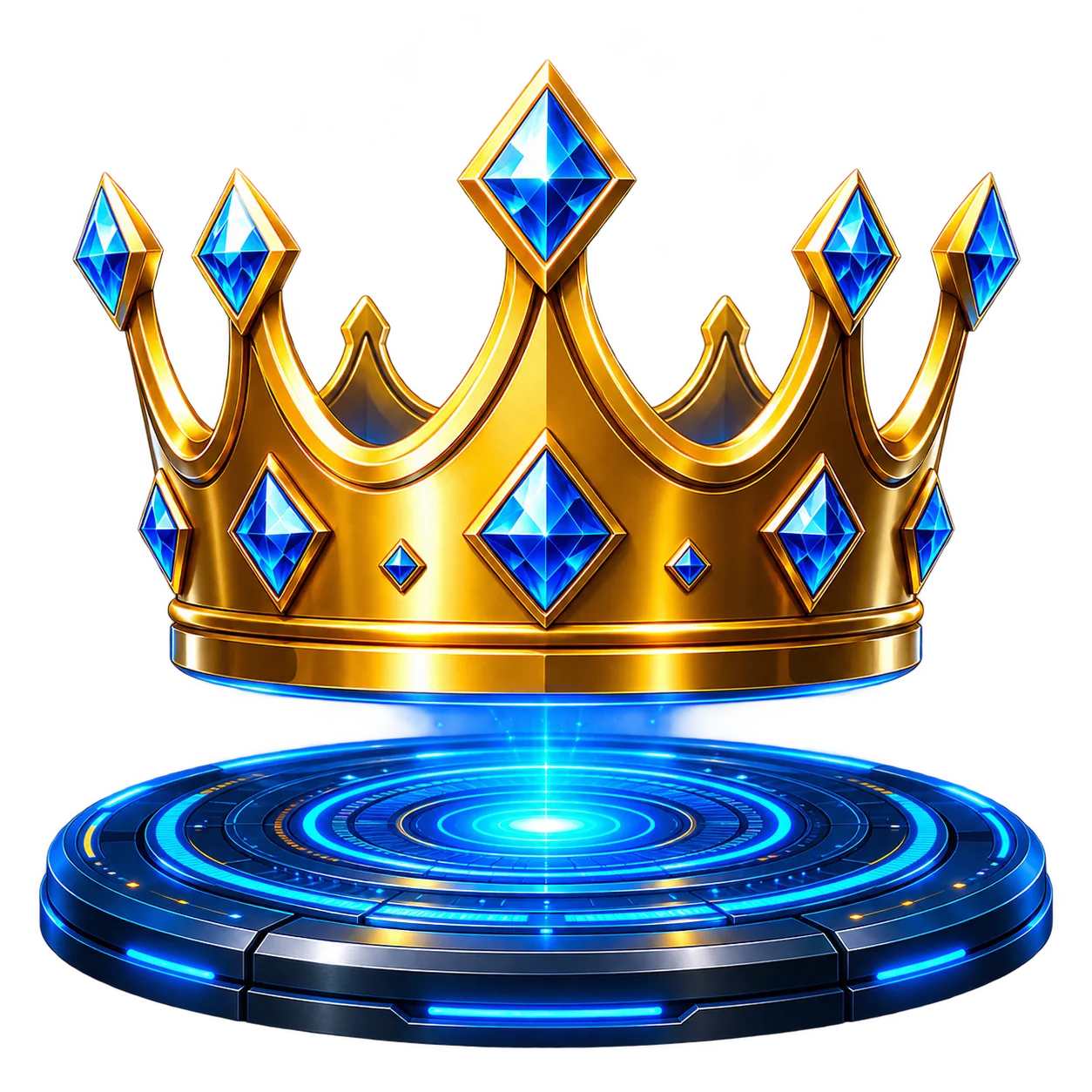 Golden crown with blue gems on a glowing blue portal