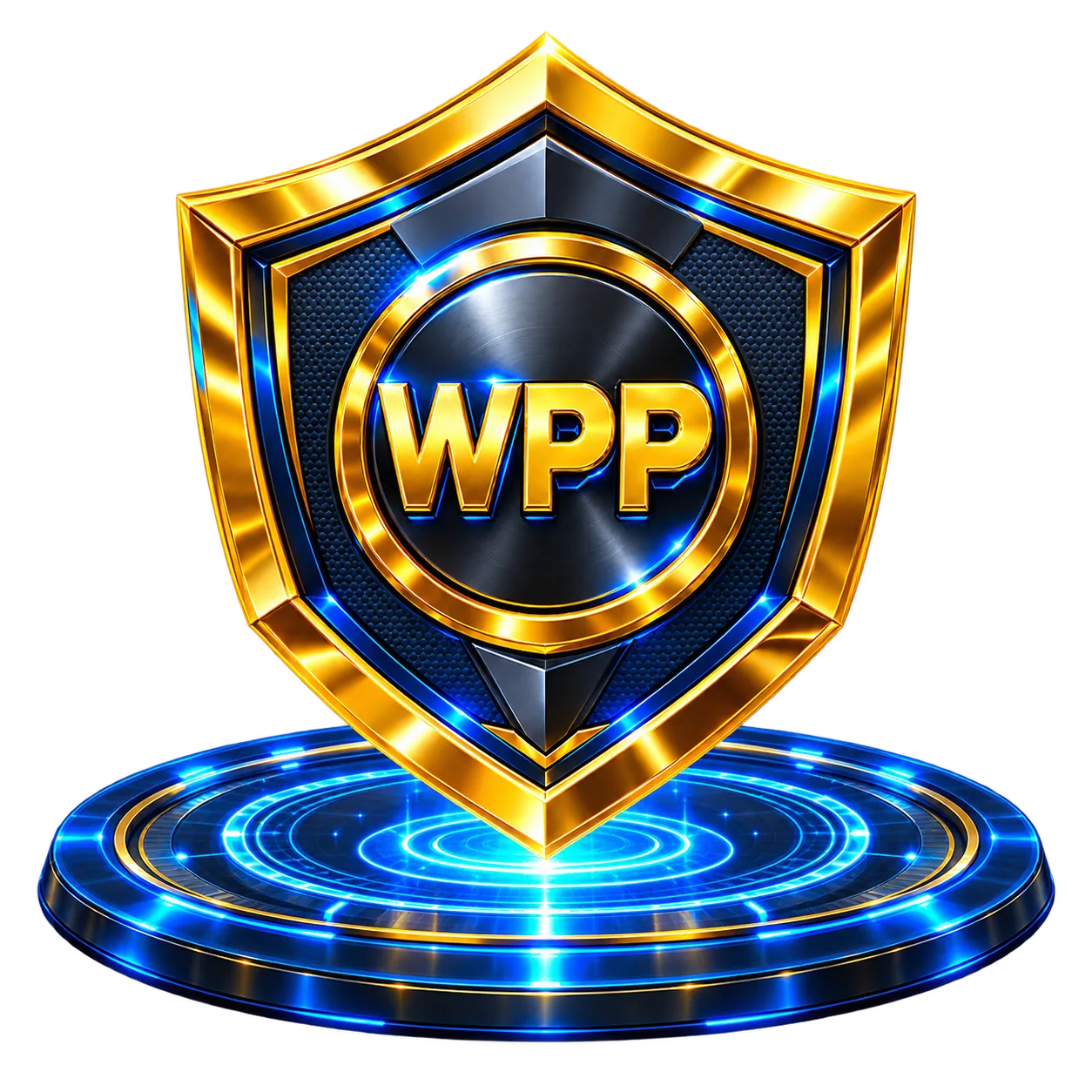 Golden WPP shield on a glowing blue portal
