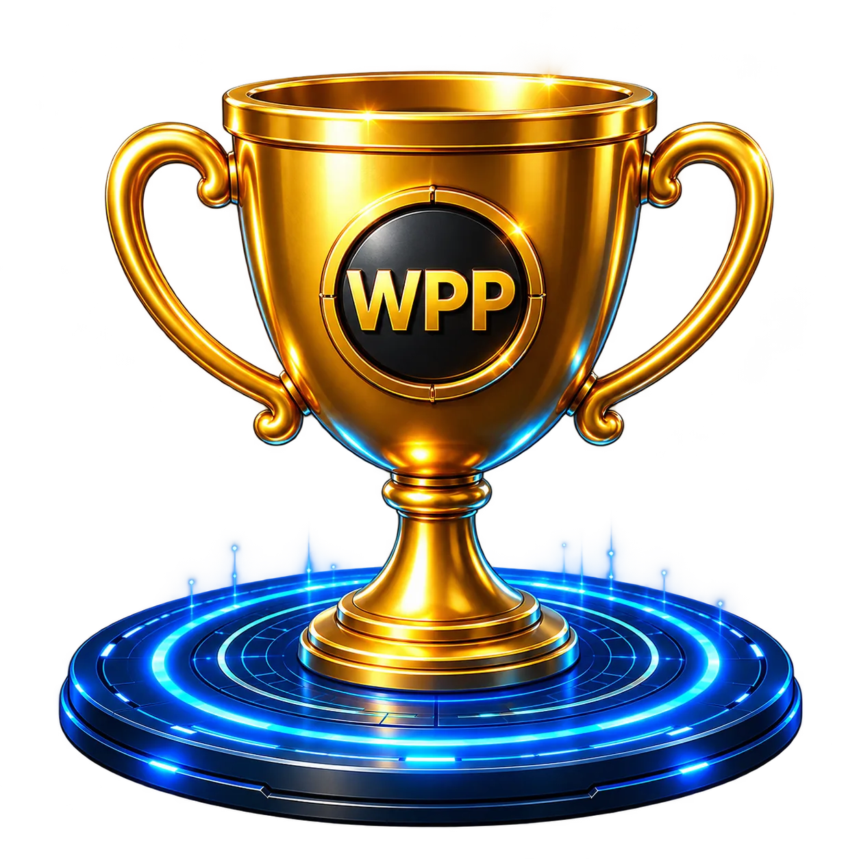 Golden WPP trophy on a glowing blue portal