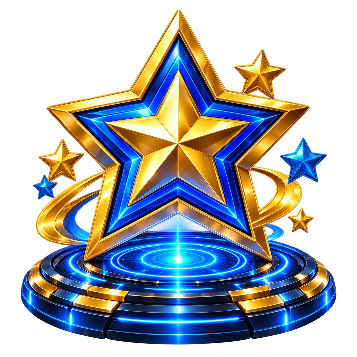 Golden star trophy on a glowing blue portal