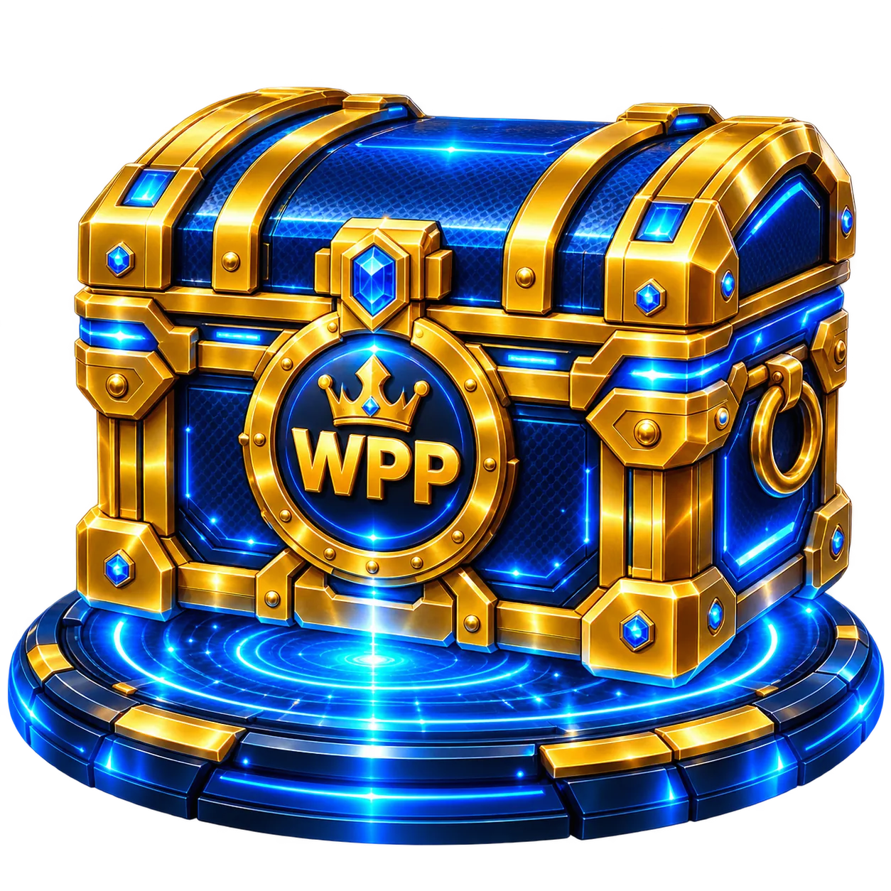 Golden WPP treasure chest on a glowing blue portal